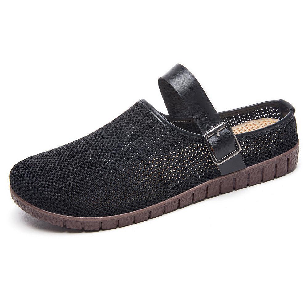 Shoes Women's Casual New Style Versatile Soft Sole Sandals insF French Style Women's Outdoor Slippers Flyknit Mesh Closed Toe Half Slipper