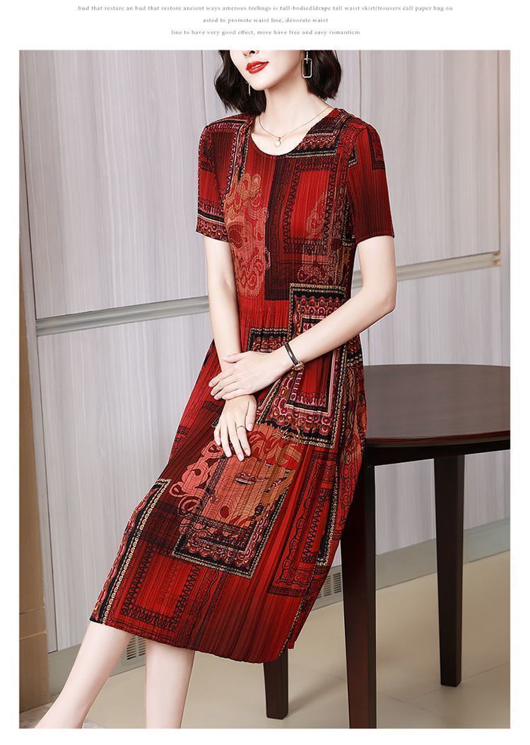 Pleated Printed Short Sleeve Mid-Length Mom Dress2025Summer Retro Round Neck Casual Loose Plus Size Dress