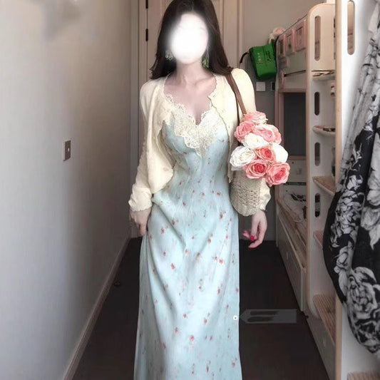 Fat mm Gentle Style Floral Strap Dress Plus Size Set for Women Spring Summer Long Sleeve Cardigan Lace Patchwork Waist-Cinching Long Dress
