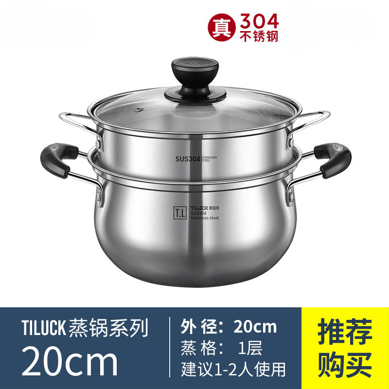 304Stainless Steel Soup Pot for Home Use, Non-Coated Instant Noodle Pot, Double Ear Small Pot, Steamer, Special for Gas and Induction Cookers
