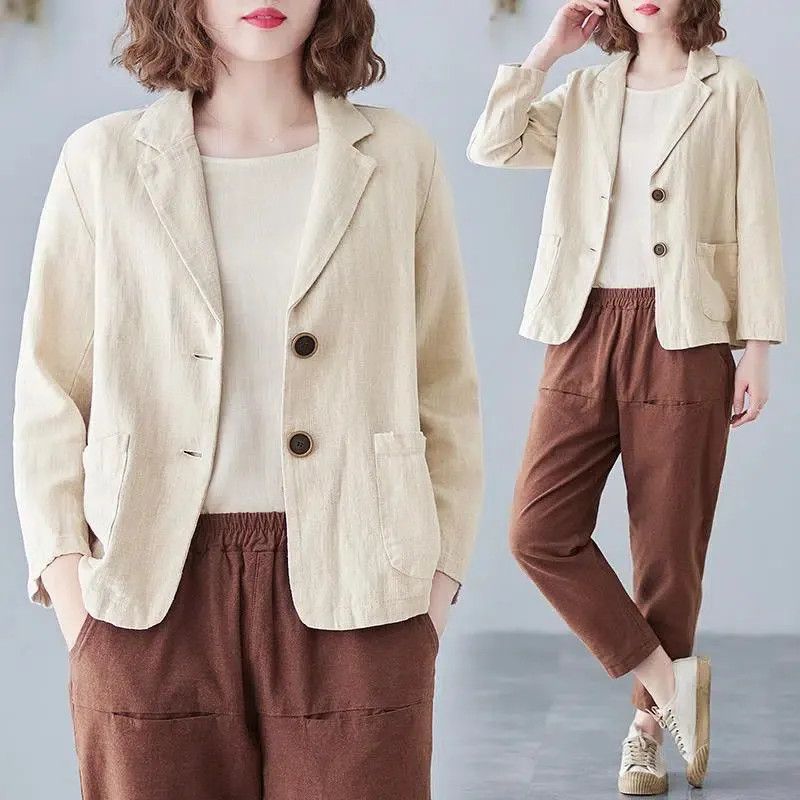 Cotton and Linen Blazer Small Suit2025Spring and Autumn New Loose Artistic Versatile Long Sleeve Casual Elegant Sun Protection Shirt for Women