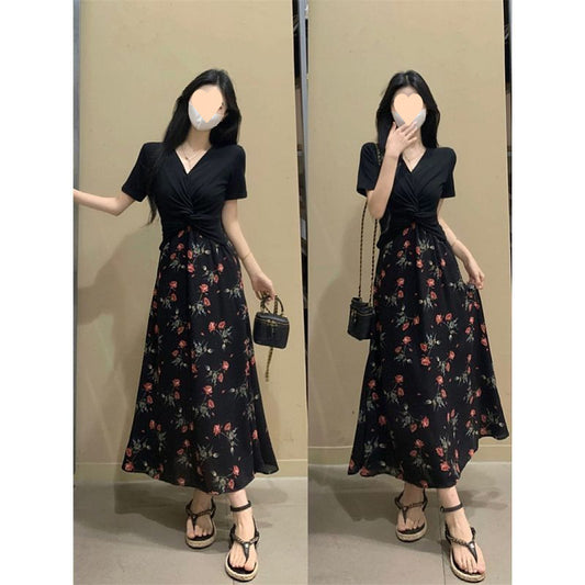 Plus Size Women's Tea Break French Style Dress Summer Hepburn Style Fake Two-Piece Floral Dress Slimming Waist Dress