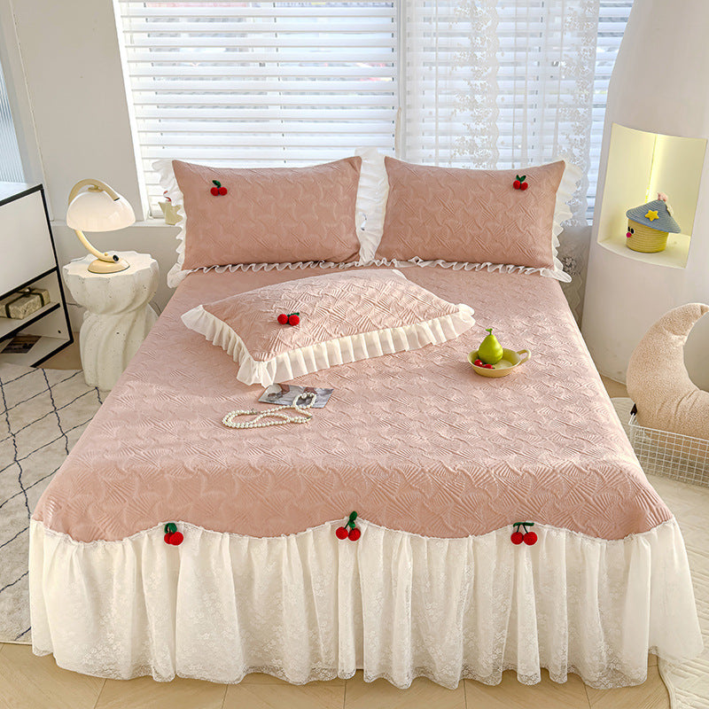 Summer Ice Silk Cooling Mat Lace Edge Cool Soft Mat Three-Piece Set Ethylene Fiber Ice Bean Mat Bed Skirt Style Bedding