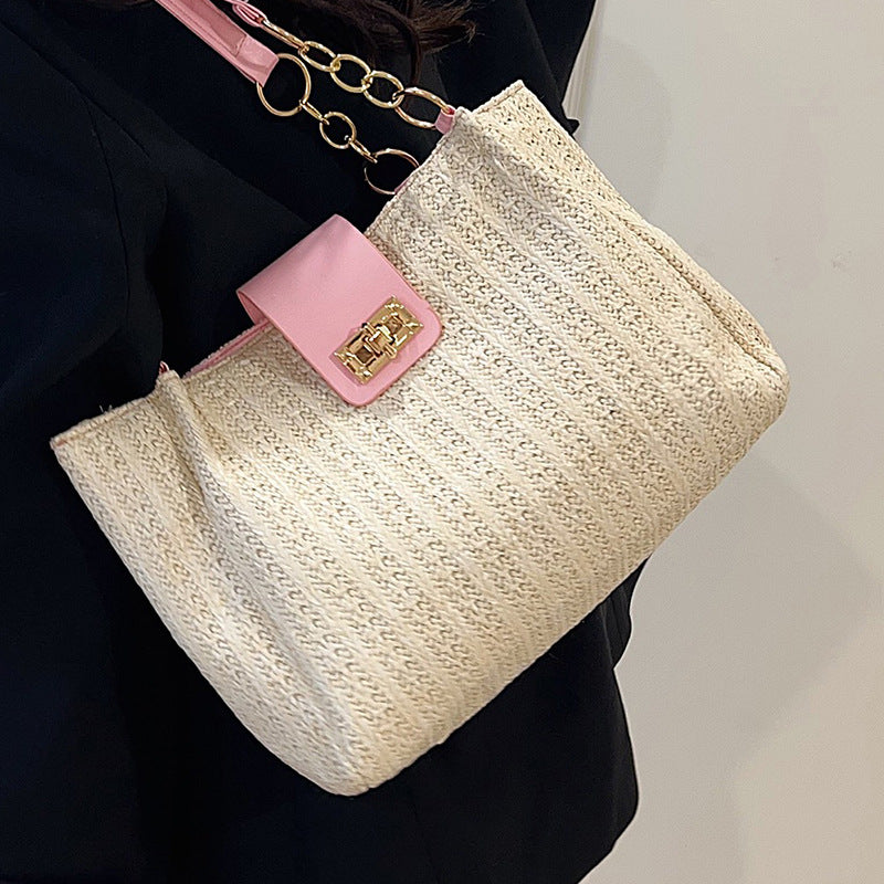 2025Women's Spring New Small Chanel Style Bag for Work Commute Versatile Straw Woven Large Capacity Wide Shoulder Strap Women's Single Shoulder Bag