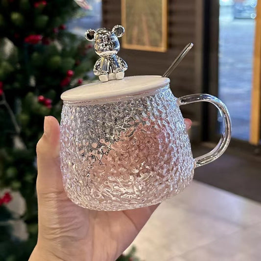 Creative Hammered Bear Glass Cup for Women ins High-Quality Aesthetic Water Cup with Lid for Home Use, Transparent Breakfast Milk Cup