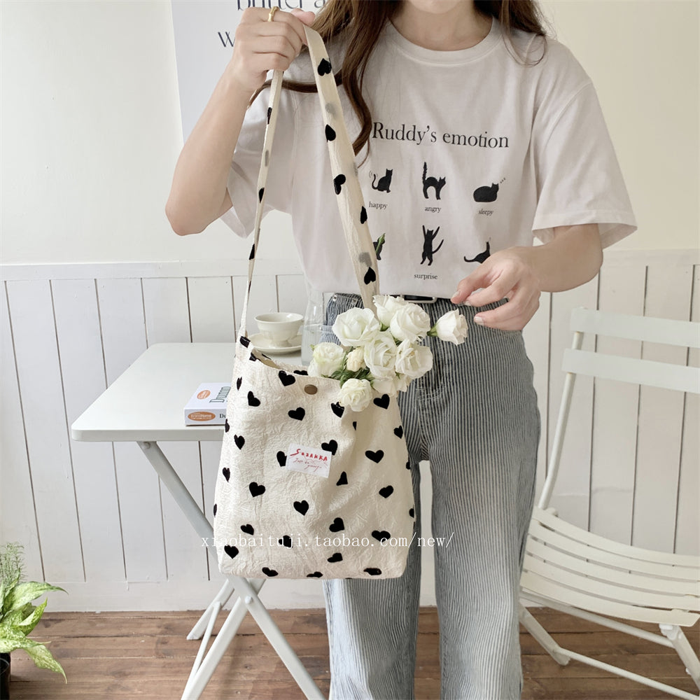 Little White Rabbit Desk New Textured Heart Canvas Single Shoulder Vest Bag Large Capacity Handbag for Women Underarm Small Win Shuo