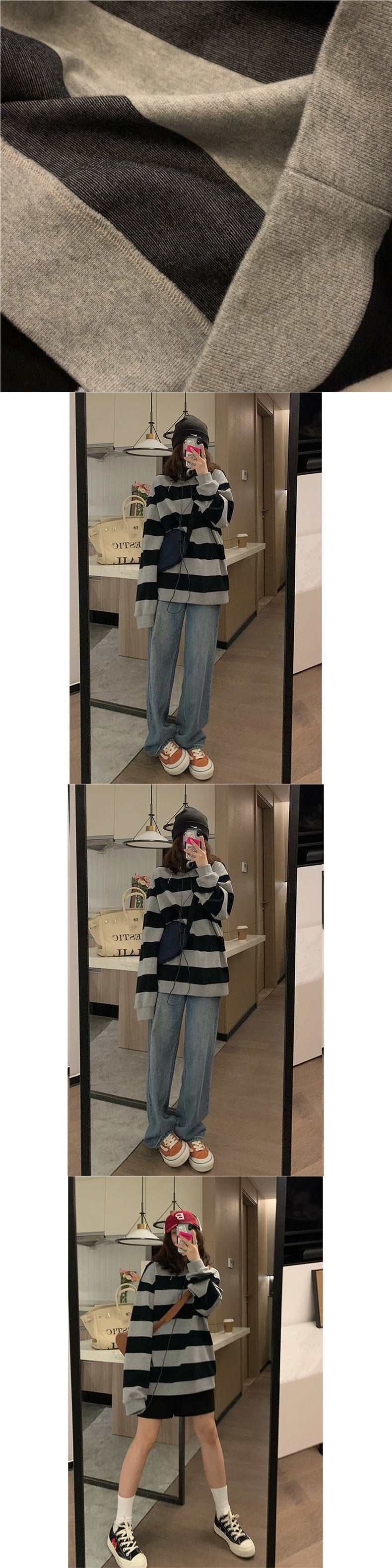 Striped Sweatshirt for Back-to-School Season Spring and Autumn oversize Black and Gray Women Slimming Loose Lazy Couple Student ins Tide