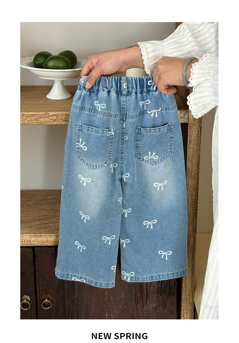 Girls' Pants Bowknot Print Jeans Wide Leg Straight2025Autumn New Fashionable and Stylish for Girls and Young Children