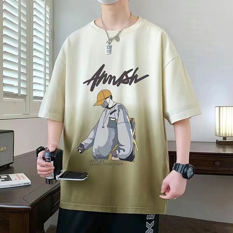 2025Summer New Men's Youth Casual Stylish Trendy Loose Short Sleeve T Shirt Gradient Color for Middle and High School Students