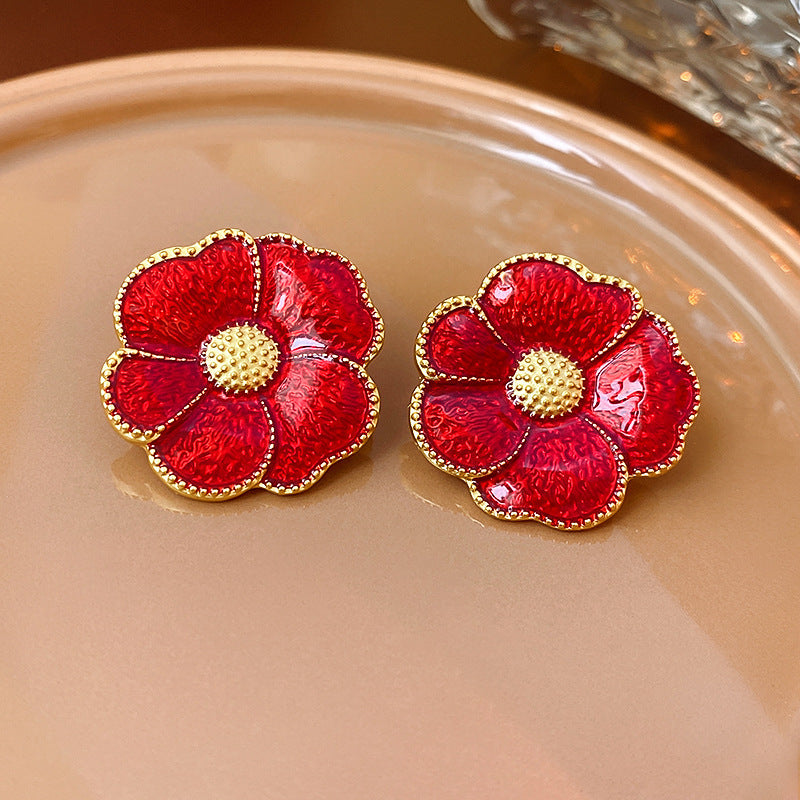 Silver Needle Ancora Red Oil Drop Geometric Earrings Niche Versatile Retro Elegant Studs High-end Fashion Earrings for Women