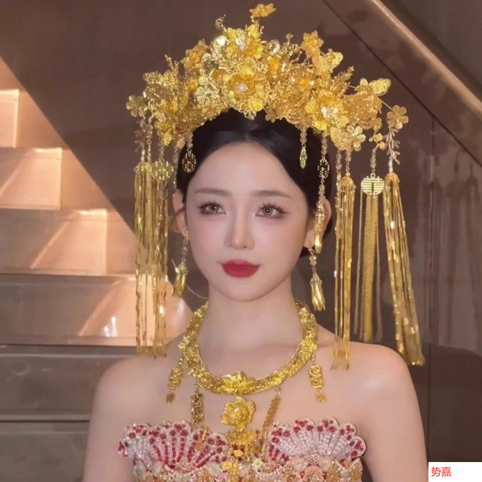 Bridal Hair Accessories Set Tiara Versatile Qing Dynasty Style Xiuhe Costume Crown Veil Hair Accessories Makeup Gold