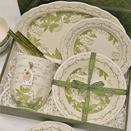 Lily of the Valley Bowl and Plate Set Household Ceramic Tableware Set Pastoral Style High-Value Underglaze Color Vegetable Plate Soup Plate Bowl and Chopsticks