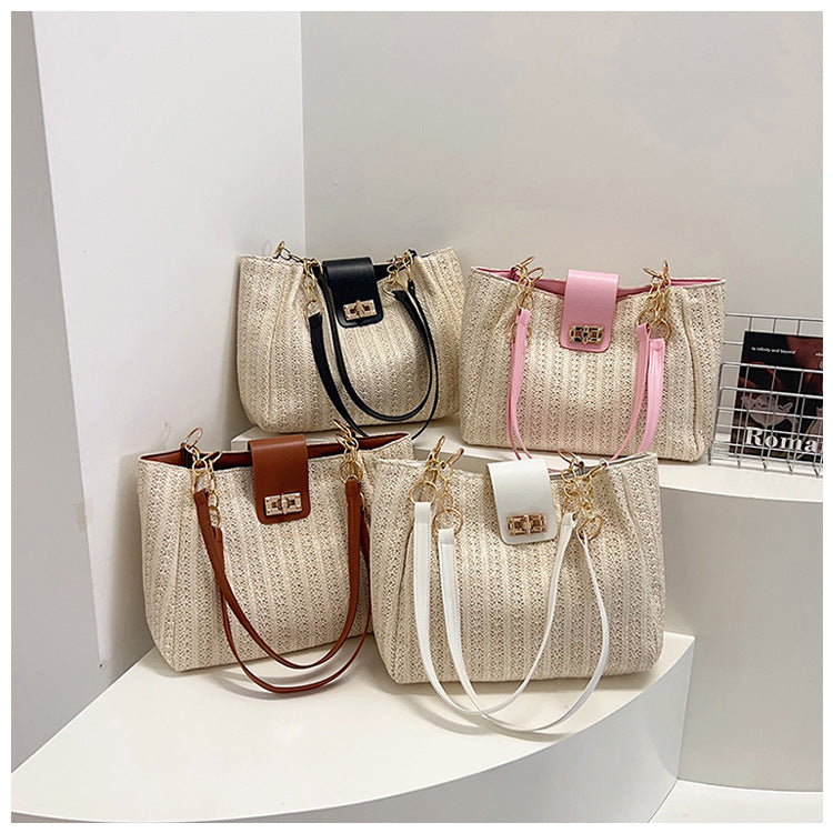 2025Women's Spring New Small Chanel Style Bag for Work Commute Versatile Straw Woven Large Capacity Wide Shoulder Strap Women's Single Shoulder Bag