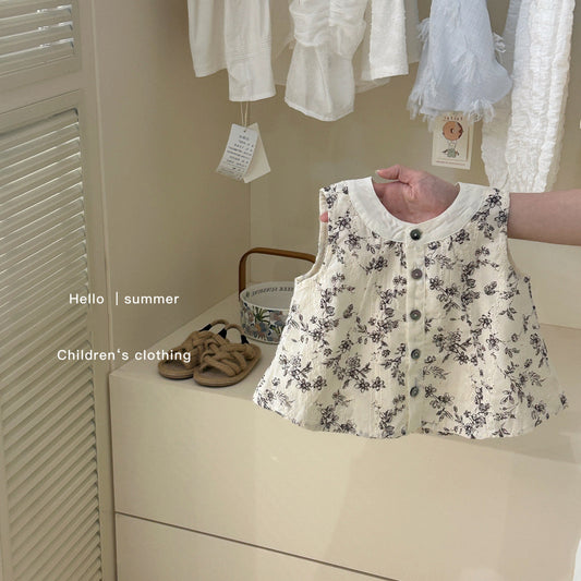 Girls retro Cotton and Linen Vest Set Summer Clothes2025New Korean Style Children's Sleeveless Doll Shirt Wide Leg Pants for Kids