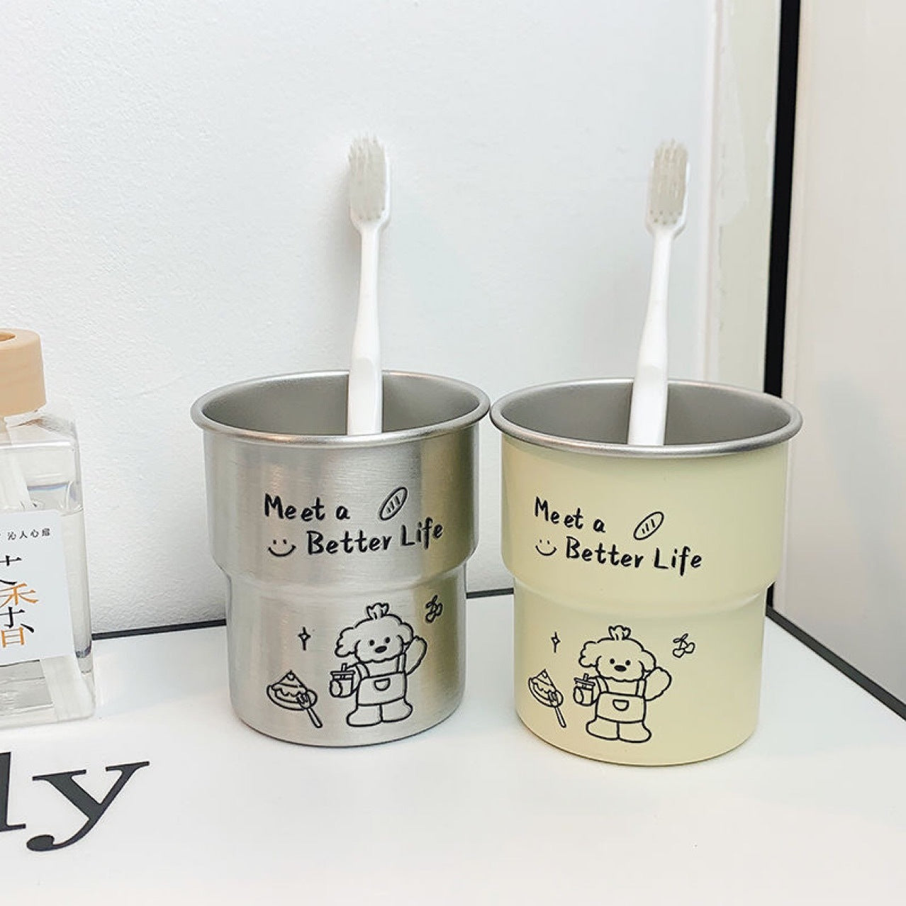 ins Cute Bichon Frise Dog Mouthwash Cup304Stainless Steel Step Simple High-Value Couple Toothbrush
