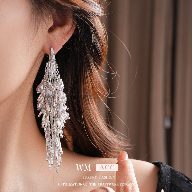 Silver Needle Inlaid Diamond Glass Tassel Earrings Fashion European and American Exaggerated Heavy Craft Stud Earrings Light Luxury High-end Niche Earrings for Women