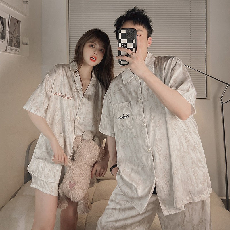 Wholesale Thin Couple Pajamas for Women Spring Autumn Summer Ice Silk Homewear Summer Men's Hot Short Sleeve Shorts Set