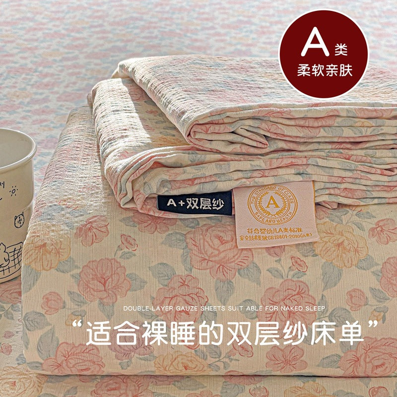 a Double-layer Gauze Bed Sheet Single Piece Fresh Style A Summer-style Naked Sleep Pillowcase Single Double Student Dormitory Three-piece Set
