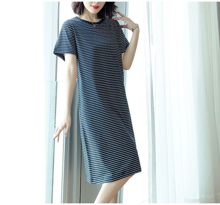 Summer Waist-Cinching Dress Plus Size Middle-Aged and Elderly Mom Outfit Mid-Length Striped Short Sleeve T Women's T-shirt Skirt Cross-Border Wholesale