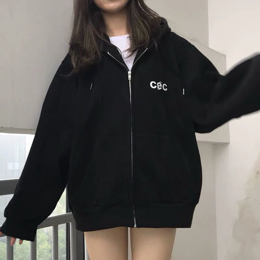 2025Autumn Winter New Couple Outfit Korean Style Printed Zipper Cardigan Hooded Fleece Sweatshirt Loose Fit Student Jacket for Women