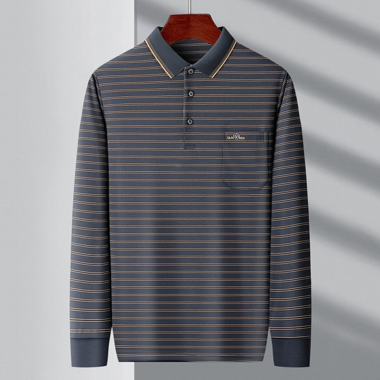 Autumn Men's Long Sleeve Cotton t Shirt for Middle-aged Dad Autumn Outfit with Turn-down Collar and Stripes POLO Base Layer Shirt T Grandpa's clothes