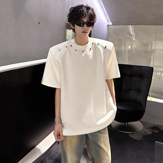 2025High-end Stylish Padded Shoulder Short Sleeve T Men's Summer Shirt with Unique Metal Decoration Design Heavyweight Top t T-shirt
