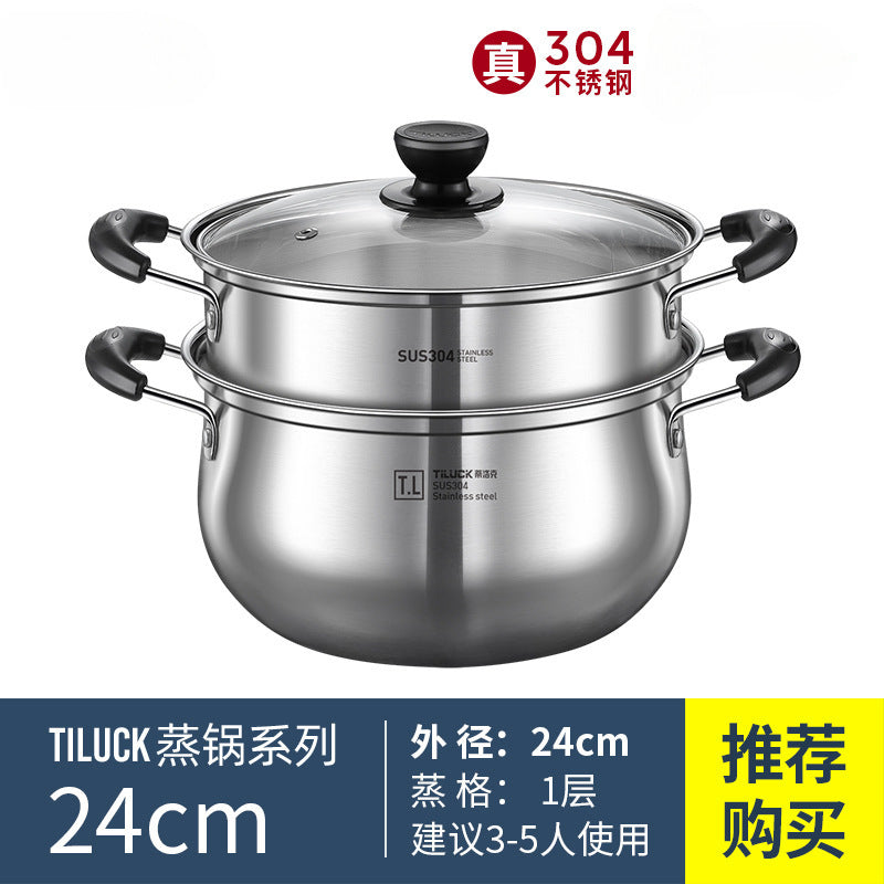 304Stainless Steel Soup Pot for Home Use, Non-Coated Instant Noodle Pot, Double Ear Small Pot, Steamer, Special for Gas and Induction Cookers