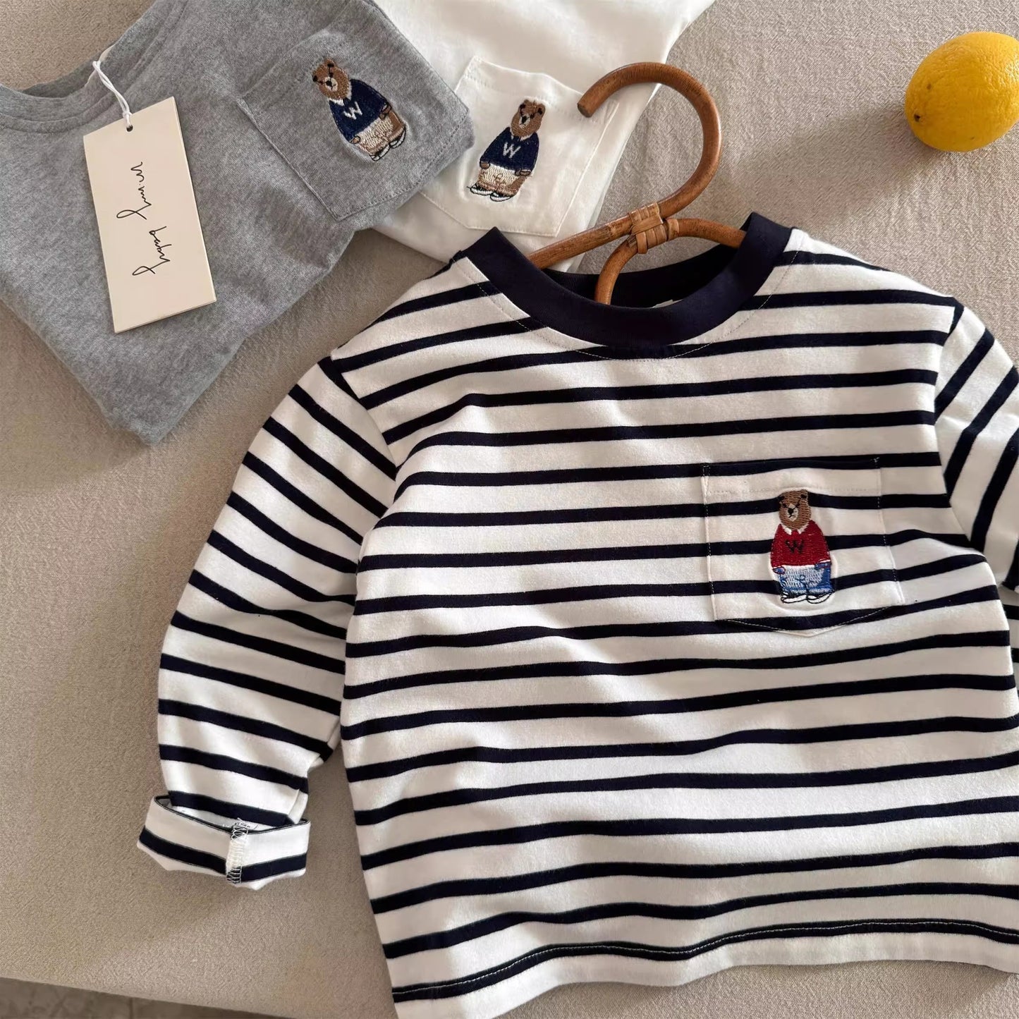 Sweet Little Chef Children's Long Sleeve T Autumn Boys' Japanese Style Bear Base Shirt Baby Toddler Striped Inner Layer Top