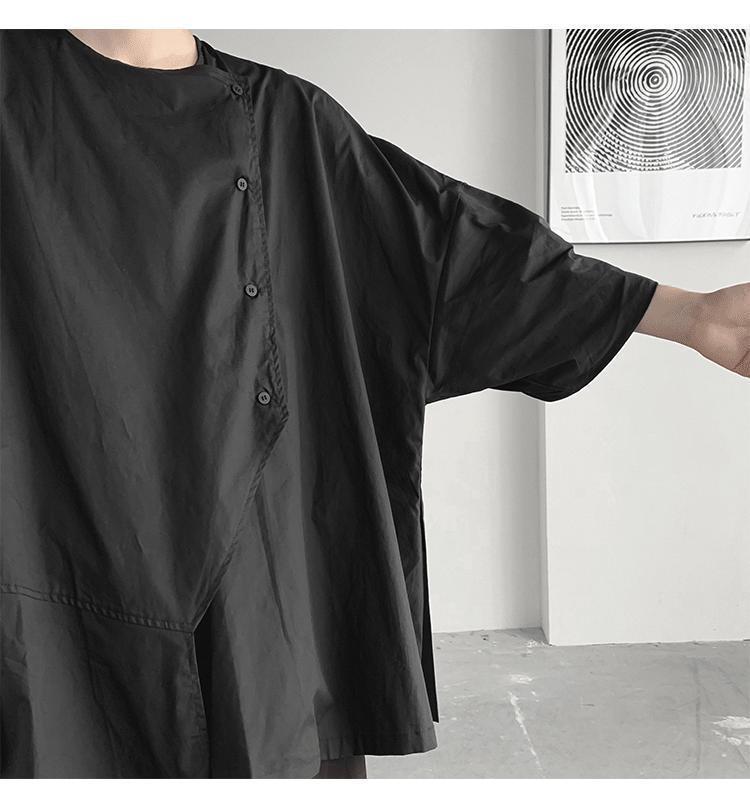 300Plus Size Unique Design Three-Quarter Sleeve Shirt for Men Summer Short Sleeve Cool Japanese Style ins Irregular Top