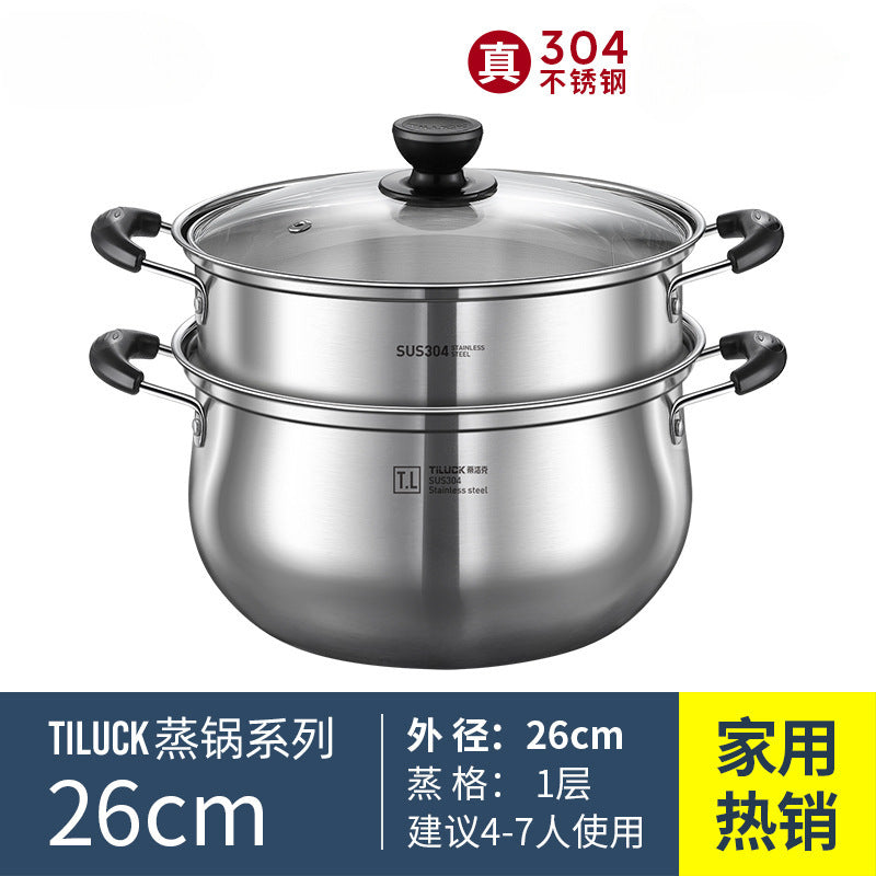 304Stainless Steel Soup Pot for Home Use, Non-Coated Instant Noodle Pot, Double Ear Small Pot, Steamer, Special for Gas and Induction Cookers