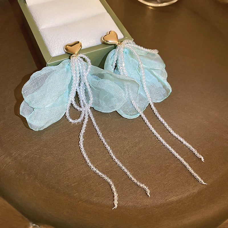 Resort Style Silver Needle Fabric Flower Tassel Earrings High-End Fashion Earrings Bohemian Sweet Exaggerated Ear Jewelry