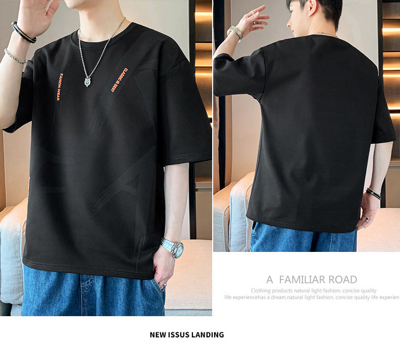 Summer Trendy Hong Kong Style Men's Printed Round Neck Short Sleeve T T-shirt Plus Size Loose Casual T-Shirt for Overweight Men