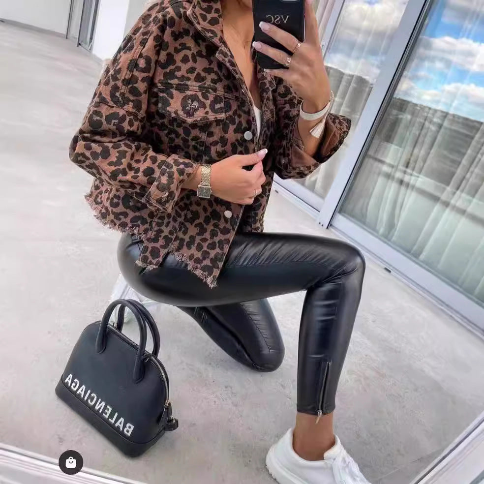 2024Amazon European and American Cross-Border Hot Trendy Washed Vintage Leopard Print Frayed Denim Jacket for Women