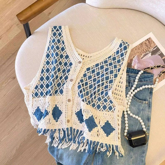 Ethnic Style Diamond Pattern Tassel Knitted Vest Women Xinjiang Grassland Beach Vacation Hollow Out Cardigan