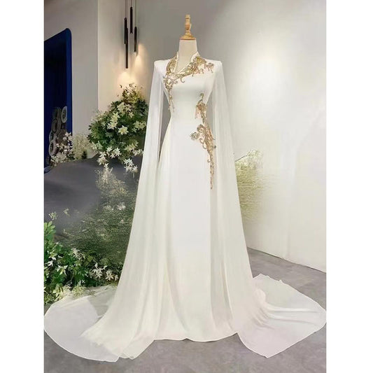 White evening dress with a high-end feel2025New Model Music Student Art Exam Vocal Performance Female Singer Folk Song Solo Performance Elegant
