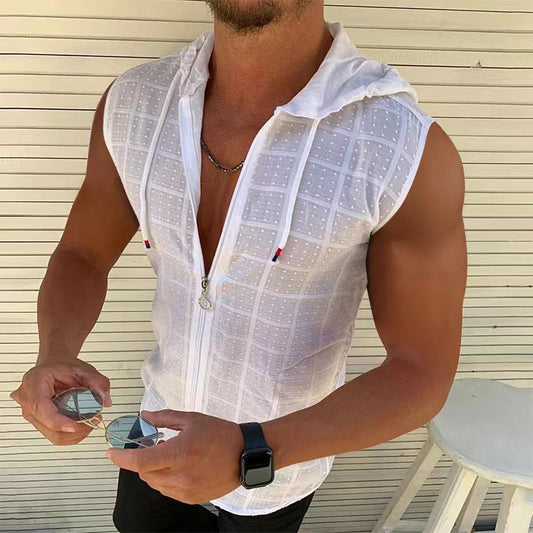 Short Sleeve Hooded Zip Cardigan T Men's T-shirt2023Summer New Fashion Plaid Sleeveless t Men's T-shirt Polo Collar Top