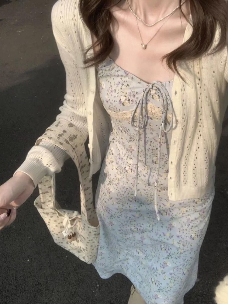 Petite Dress Sun Protection Cardigan Lace Two-Piece Set Tea Break Style Sweet Floral New Strap Outfit Set