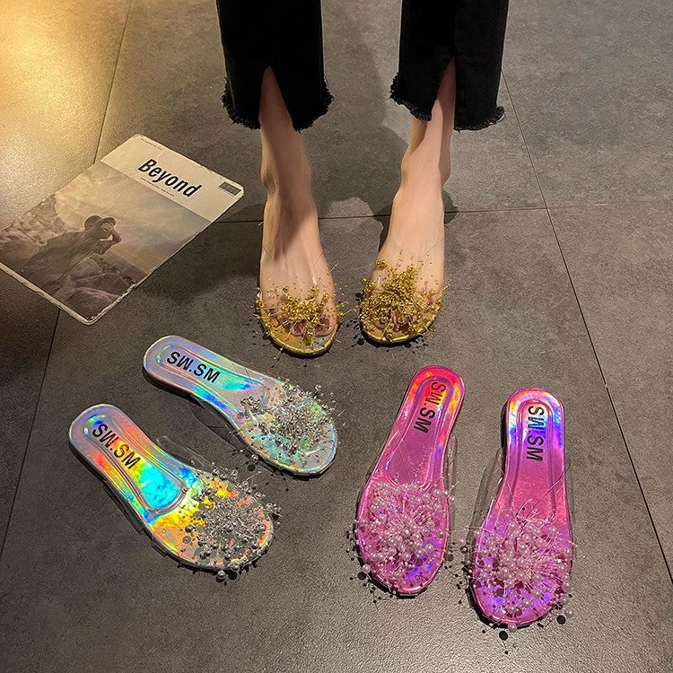 Sparkling Silver Transparent Beaded Closed-Toe Mules for Women2024Summer Internet Celebrity Super Popular Sandals Slippers
