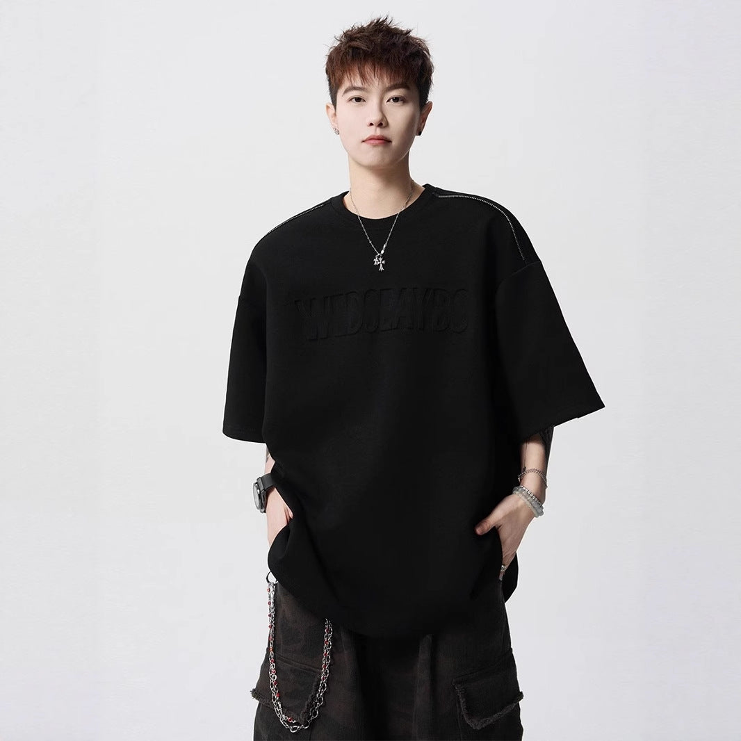 Heavy Short Sleeve t Men's T-shirt2025New Summer Outfit Letter Print Loose Casual Round Neck Short Sleeve T-Shirt ins
