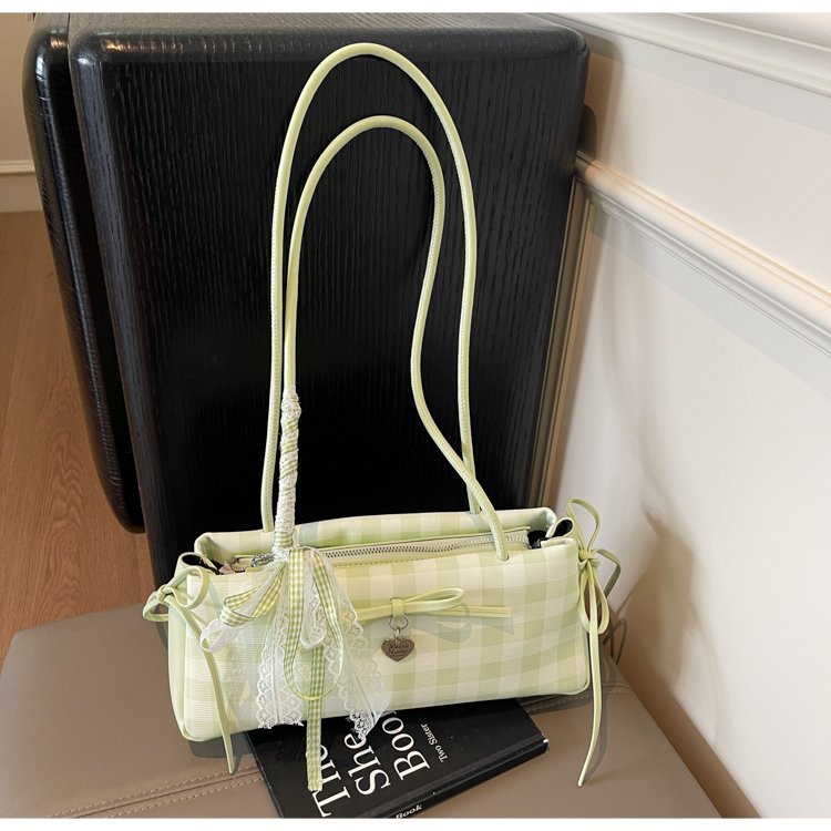 Dopamine Plaid Handbag Small Tote Bag for Women Summer2025New Ballet Style Bow Baguette Bag Underarm Bag Trendy