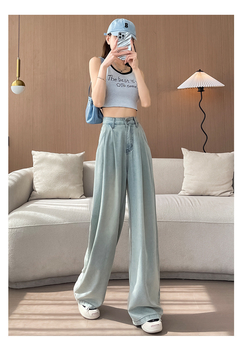 Light Color Tencel Wide Leg Jeans Women Summer Thin High Waist Draped Slimming Design Sense Ice Silk Straight Floor Length Pants