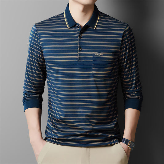 Autumn Men's Long Sleeve Cotton t Shirt for Middle-aged Dad Autumn Outfit with Turn-down Collar and Stripes POLO Base Layer Shirt T Grandpa's clothes