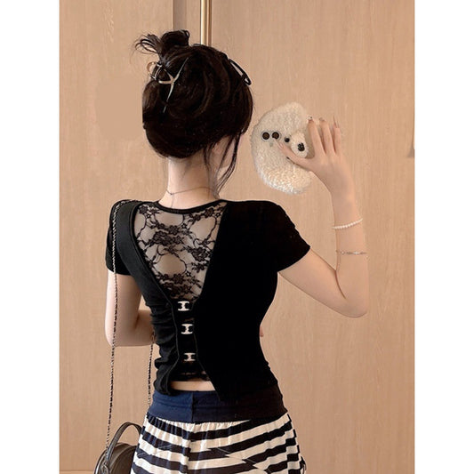 White u Pure Desire Slim Fit Tight Shoulder Short Sleeve t Women's Summer Shirt with Chest Pads Lace Hollow Out Hot Girl Short Top Black