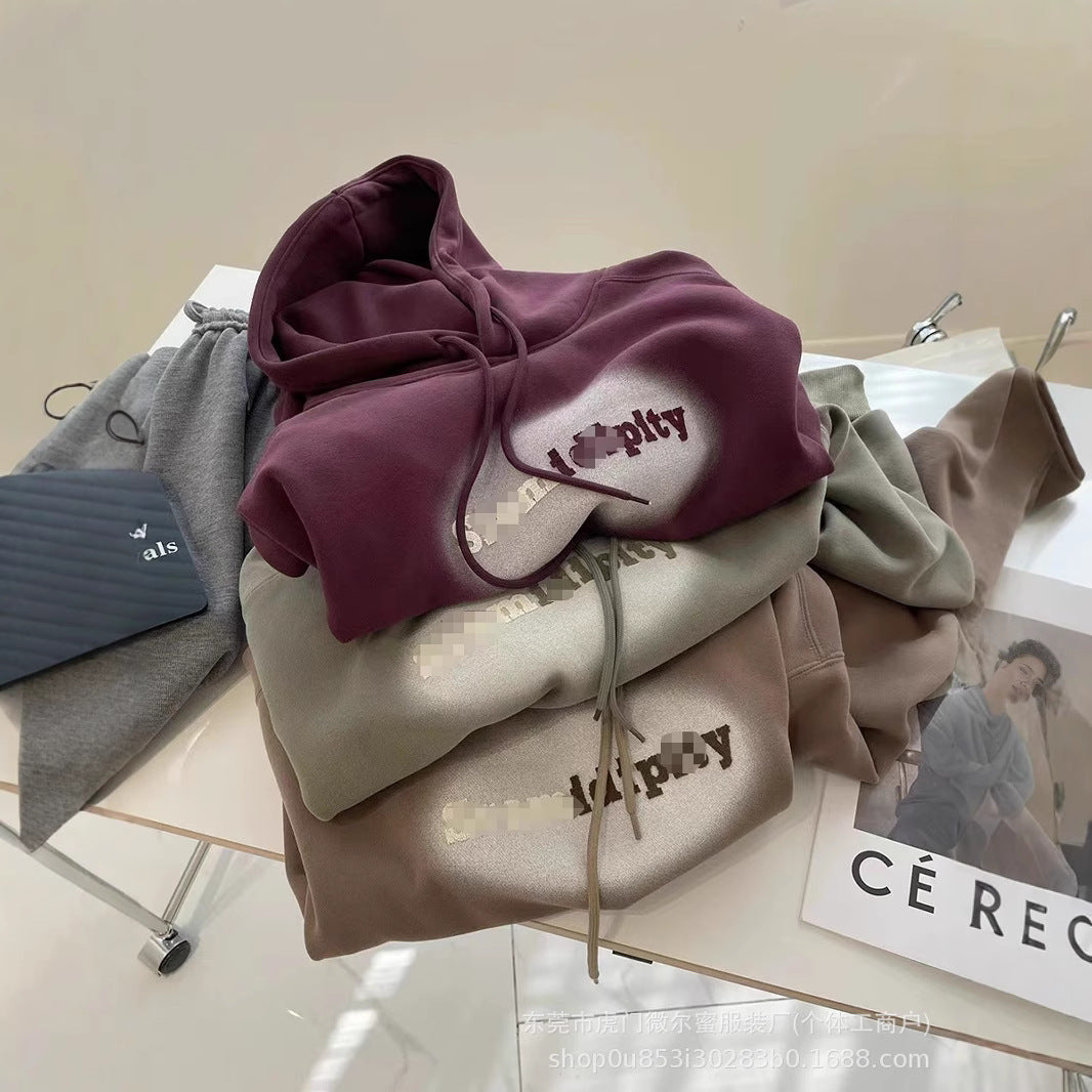 American Style Fleece-Lined Thickened Autumn Winter New Hooded Sweatshirt for Women Korean Version Plus Size Loose Coat Student Couple Outfit