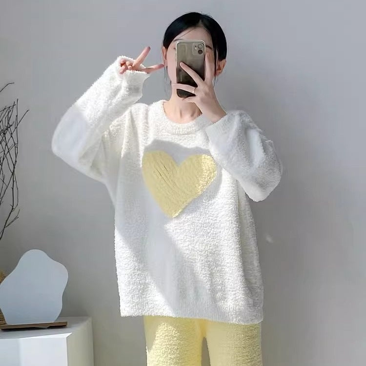 Winter New Heart Half-Fleece Pajamas for Women Loose Fit Fleece-Lined Warm Sweet Cute Style Homewear Two-Piece Set
