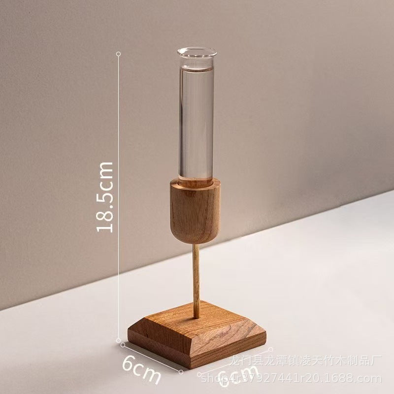 Creative Home Desktop Ornament Wooden Vase Test Tube Transparent Glass Hydroponic Plant Flower Arranger Simple Country Style