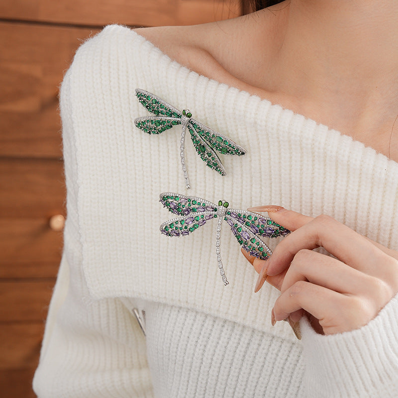 Green Zircon Hollow Dragonfly Brooch Light Luxury High-end Sense Elegant Brooch Fashion Unique Design Sense Accessories Wholesale