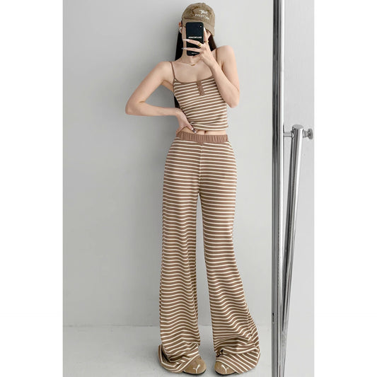 Home Lazy Relaxed Striped Slimming Wide-Leg Pants for Women Summer Hot Girl Fashion Camisole Vest Casual Two-Piece Set