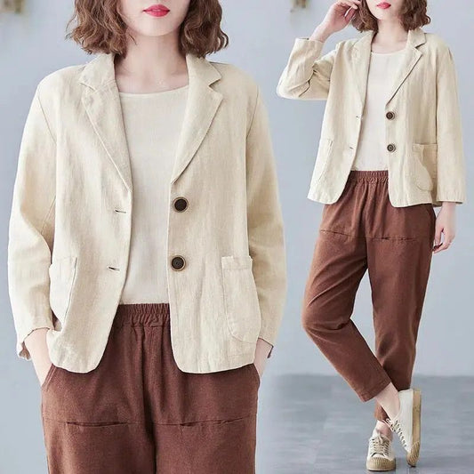 Cotton and Linen Blazer Small Suit2025Spring and Autumn New Loose Artistic Versatile Long Sleeve Casual Elegant Sun Protection Shirt for Women
