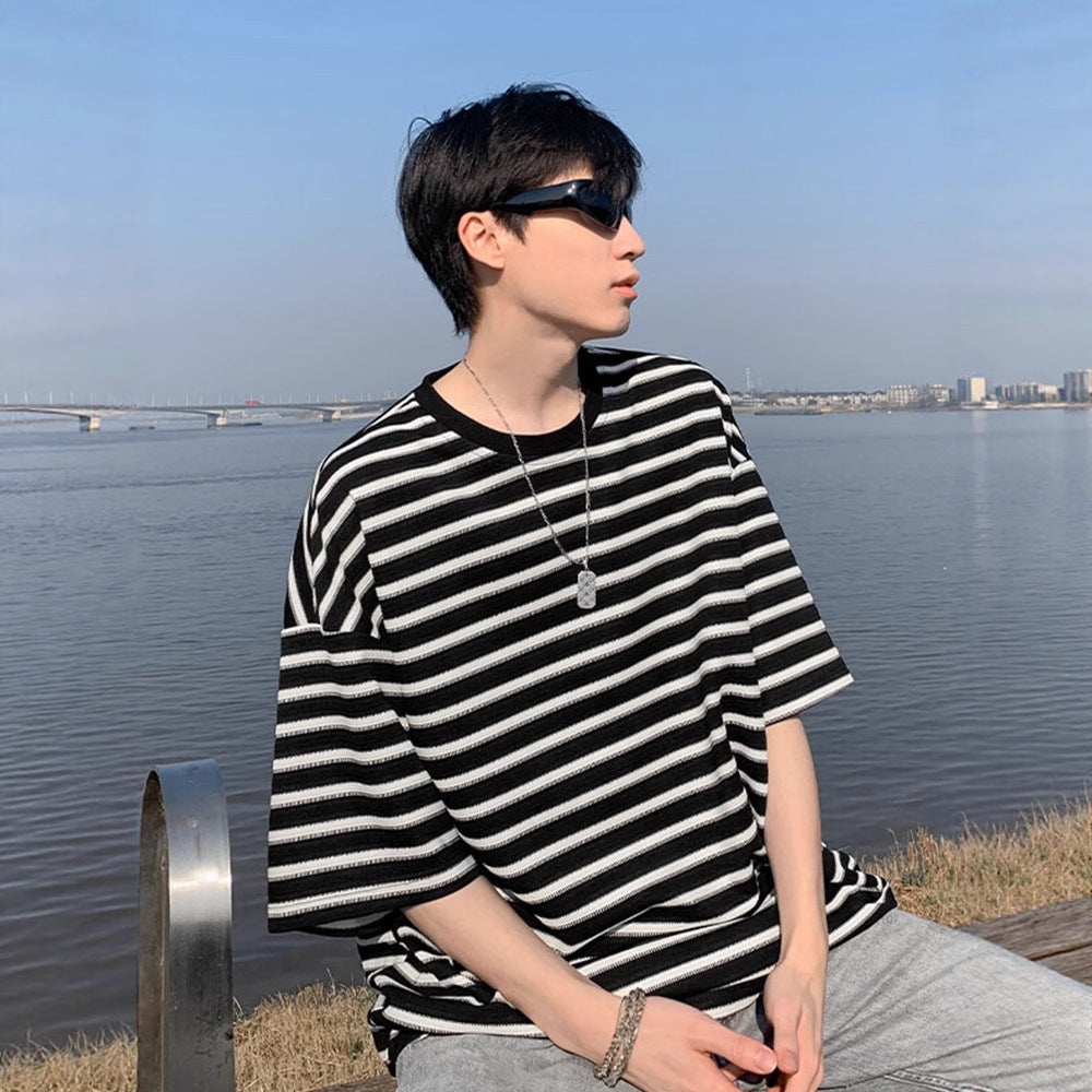 American striped short sleeve t Men's Summer Trendy Neck Loose Cotton